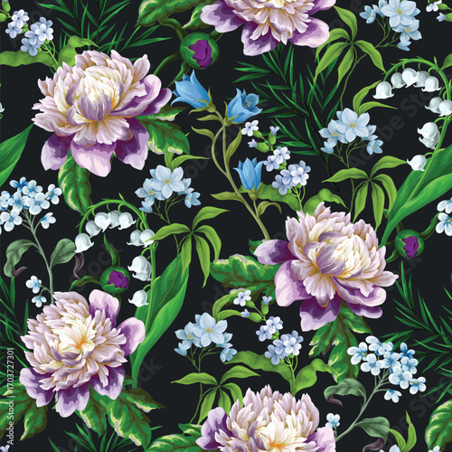 Seamless vector floral pattern with peony lilies and spring blossoms.