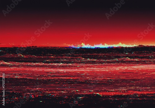 Conceptual red landscape with a digital glitch effect, a modern abstract design for a futuristic background