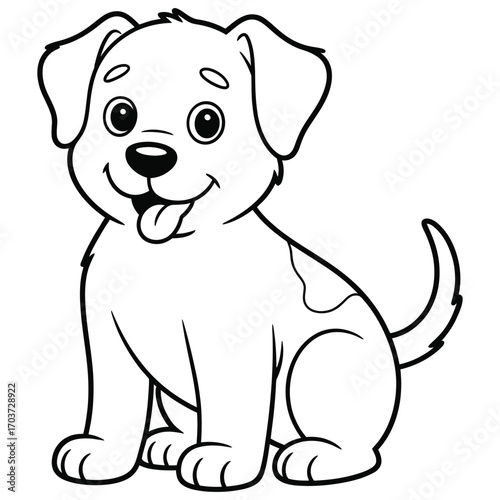 Cute cartoon puppy dog sitting with tongue out and happy expression line art