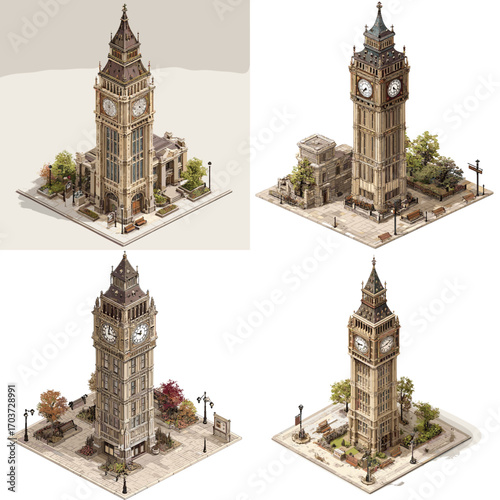 Isometric illustration of a classic clock tower resembling Big Ben, with detailed architecture and surroundings, perfect for history, tourism, and urban design projects.