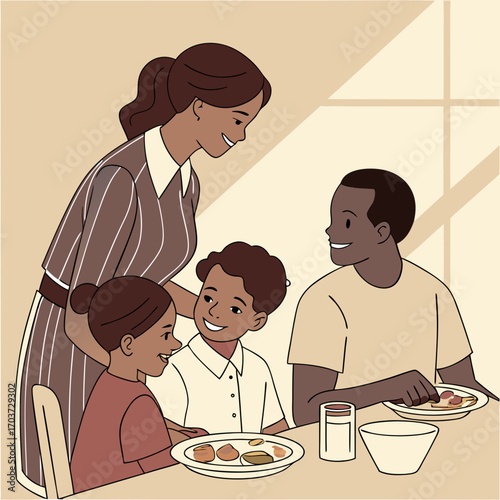 A heartwarming illustration of a loving family sharing a meal together, with the mother and children smiling at the dinner table