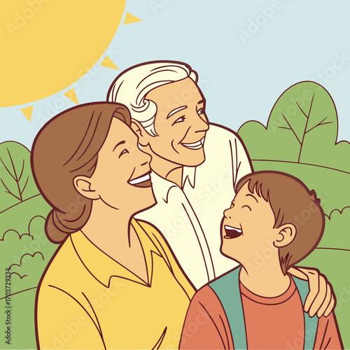 Generations bonding outdoors, a grandfather, grandmother, and grandson share a joyful moment under the sun