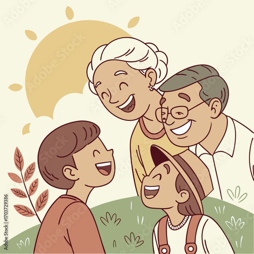 A cheerful and loving family enjoying a warm, sunny day outdoors, sharing laughter and happiness