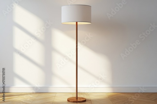 Modern floor lamp casting shadows in a bright room