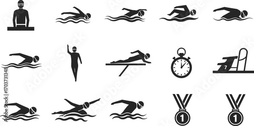 Silhouette swimming athletes training in water with stopwatch, medals, pool diving board, competition sports action and freestyle strokes vector illustration