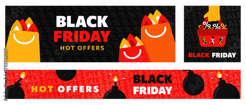 Set of 3 Black Friday banners with cartoon shopping bags, explosive bombs, and shopping basket. HOT SALE. Promo brochures with bold flat design for online ads, e-commerce, retail marketing campaigns.