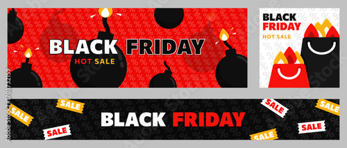 Black Friday vector banners set with shopping bags, falling SALE tickets, coupons and burning bombs. Cartoon flat brochures for retail promotions, online ads, marketing headers, and seasonal sales.