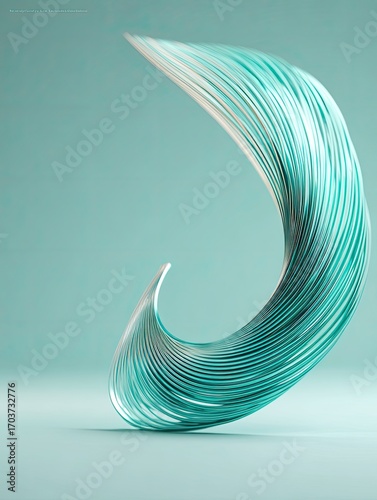 Abstract teal, glass-like ribbons swirl in a dynamic, J-shaped form against a soft, light teal background.  The curves and lines create a sense of motion and elegance