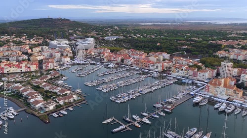 Port of Cap d'Agde at sunrise, in Occitanie, France
