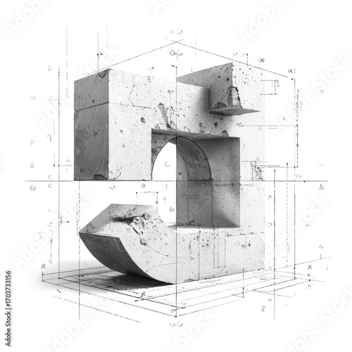 Abstract concrete sculpture of the number five with architectural sketches and plans in the background