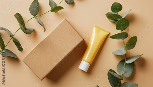 Yellow cosmetic tube and brown packaging box surrounded by green leaves on a beige background