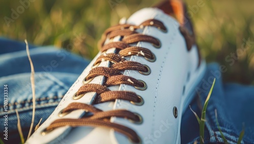 Close-up of a stylish white sneaker resting on denim fabric in a sunlit grassy field