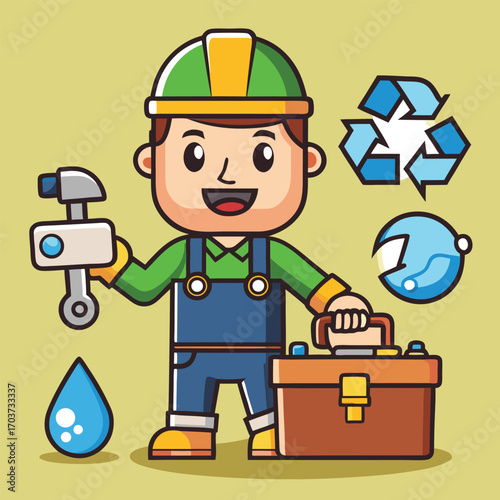 Bathroom scene, plumber holding wrench, toolbox decorated with recycle logo, leaking pipe with drops, warning sign included.