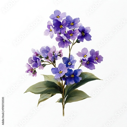 A vibrant bouquet of purple flowers with green leaves against a clean white background, ideal for nature-themed decor