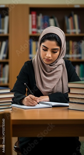 A young emirate woman in a hijab writes in a notebook, focused and engaged in her thoughts