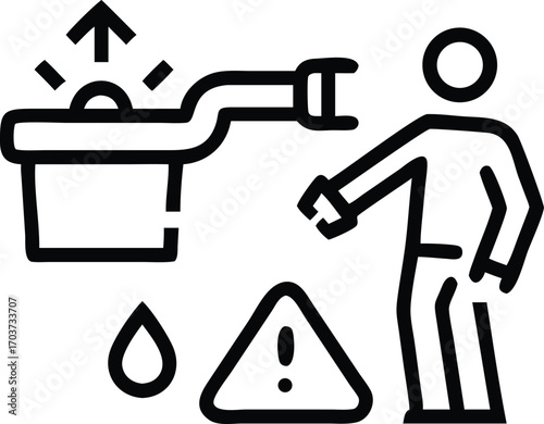 Outlined clean icon showing plumber with wrench fixing pipe, toolbox with recycle arrows, bathroom tiles as frame, warning sign and water drops scattered.