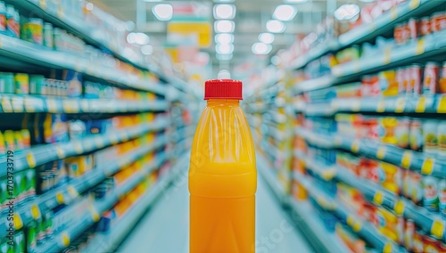 Bright orange juice bottle in focus on supermarket shelf, surrounded by various products