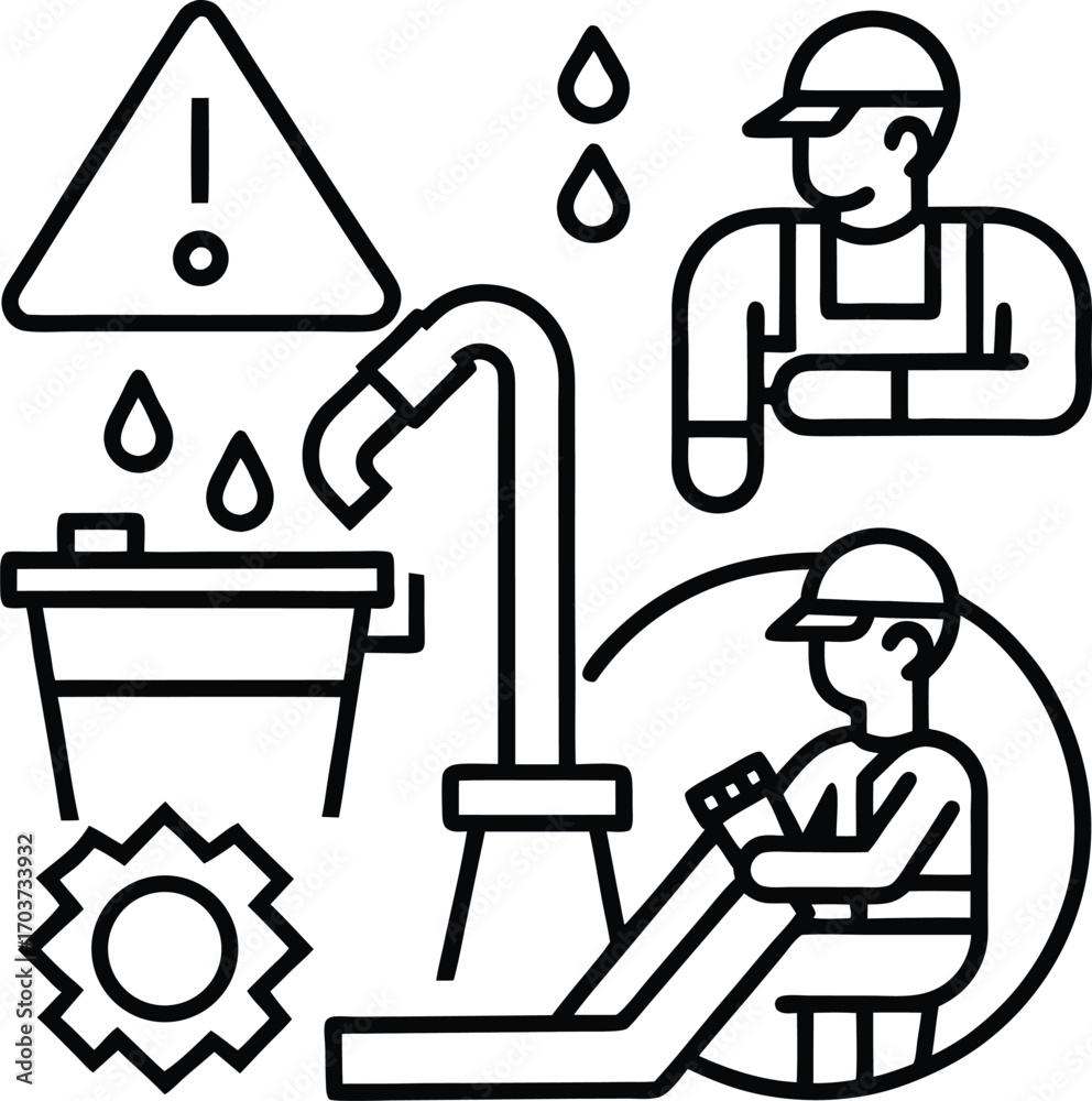 Fototapeta premium Leaking pipe in bathroom outline, plumber kneeling with wrench, recycle arrows surrounding toolbox, drops highlighting warning sign.