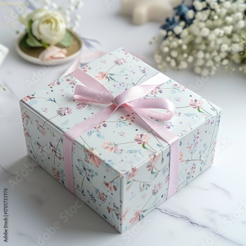 A beautifully wrapped floral gift box with a pink ribbon, surrounded by delicate decorations and flowers