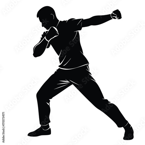 Black Silhouette of Fighter Practicing Martial Arts Punch Technique and Stance on White