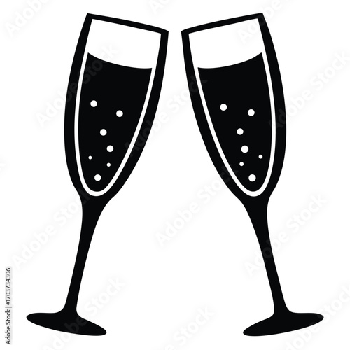 Black Silhouette of Two Champagne Glasses Clinking in Celebration Toast Illustration