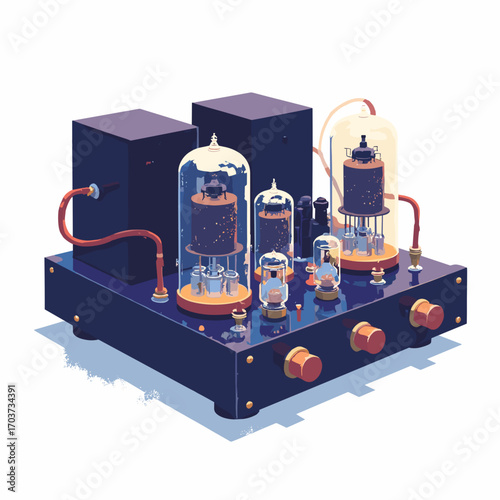 Tube amplifier preamp module — exposed glass valves mounted on chassis and wire harness, white background