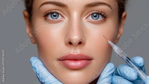 Close-up of a young woman receiving a cosmetic injection in the cheek. Aesthetic medicine procedure with syringe for skin rejuvenation, wrinkle correction, and beauty care