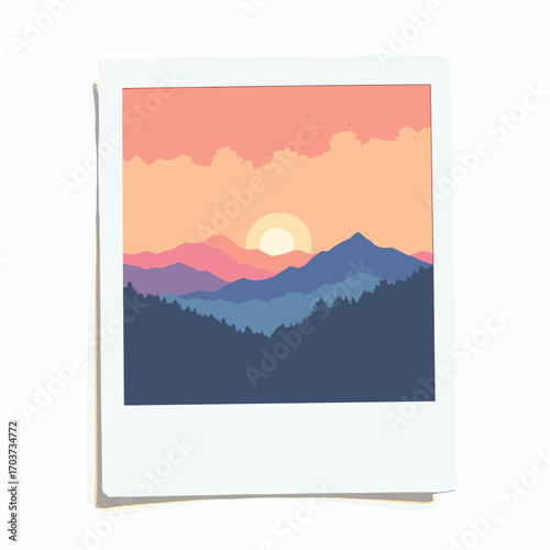 Polaroid instant print mid-eject — glossy square print with white border and developing gradient, white background