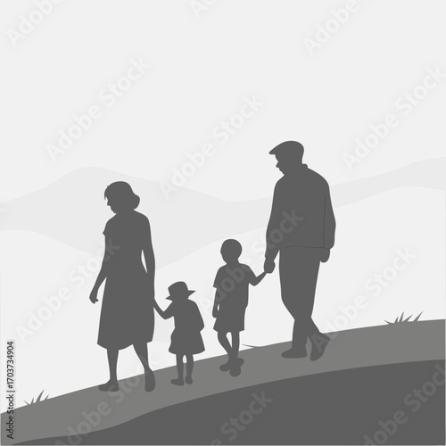 A serene silhouette of a loving family enjoying a peaceful stroll together through a scenic natural landscape, symbolizing unity, growth, and shared moments outdoors