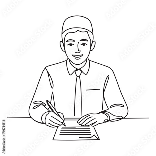 One single line Art drawing of young happy male muslim businessman writing business contract draft. with white background
