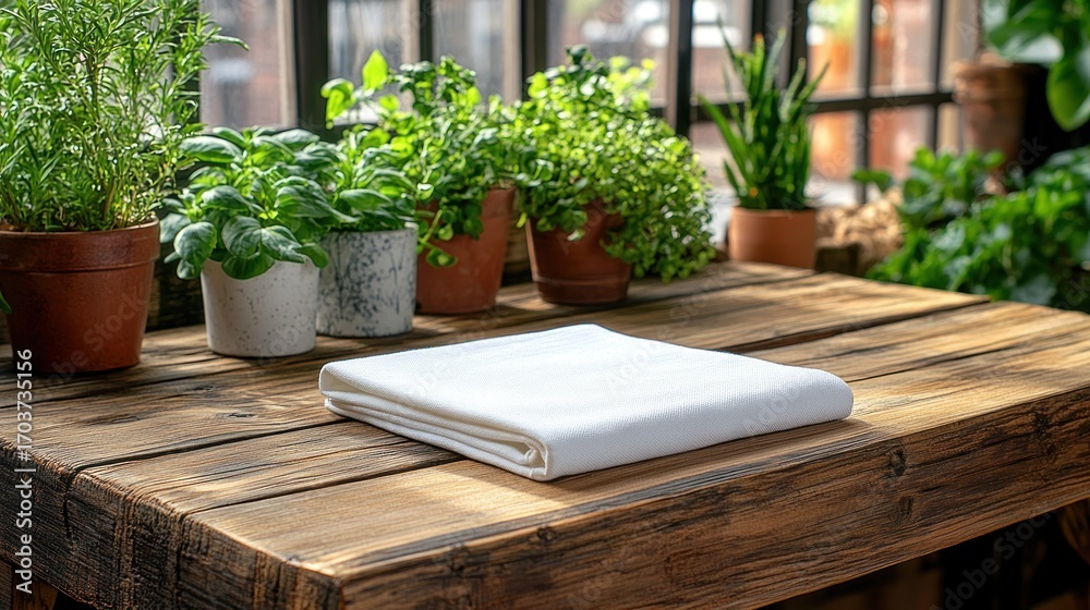 Fototapeta premium Folded white tablecloth on rustic wooden table with potted herbs