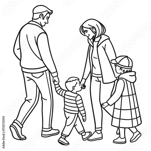 A charming line art illustration of a family of four, parents and two young children, enjoying a peaceful walk together, reflecting family bonds and everyday happiness