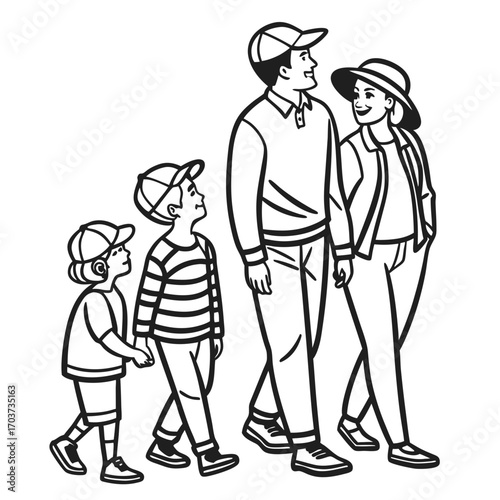Minimalist line art illustration of a happy family of four walking together, showcasing parental love and childhood joy on a family outing