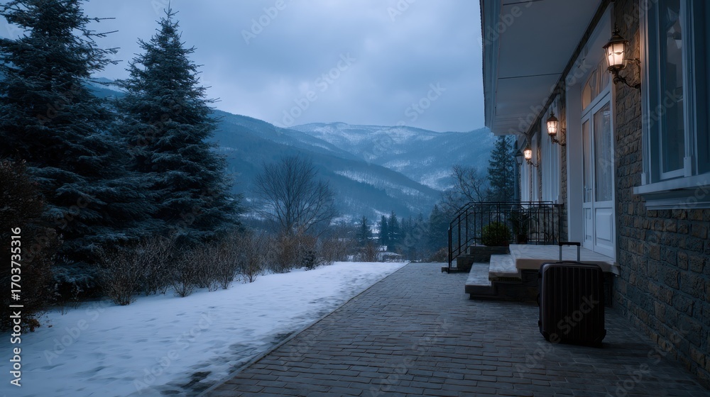 Fototapeta premium Winter Entrance of Mountain Hotel Surrounded by Snow-Covered Landscape at Dusk
