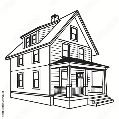 Detailed Line Drawing of a Two-Story House with a Porch, Windows, and Gabled Roof