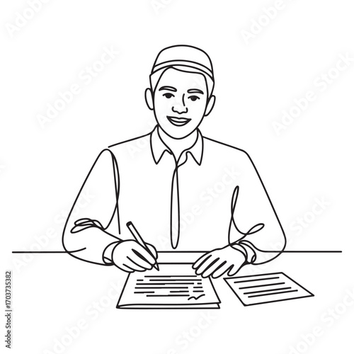 One single line Art drawing of young happy male muslim businessman writing business contract draft. with white background