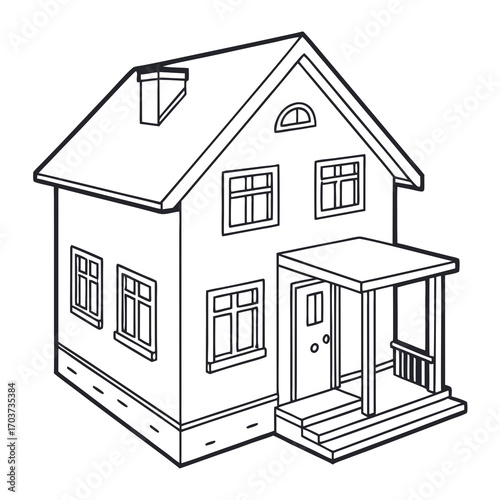 Classic Two-Story Residential House with Front Porch Architectural Outline Drawing, Perfect for Real Estate Projects, Home Design Concepts, or Simple Dwelling Illustrations