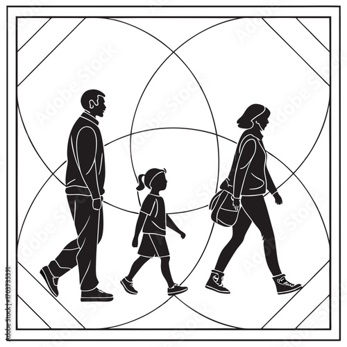 Silhouette of parents guiding a child's first steps, symbolizing family support, growth, and early development, representing foundational learning and strong familial bonds