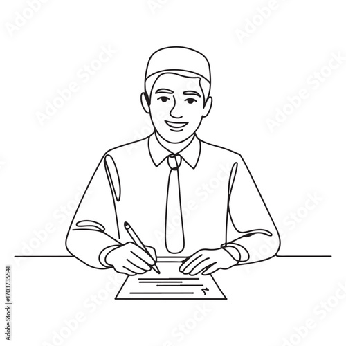 One single line Art drawing of young happy male muslim businessman writing business contract draft. with white background