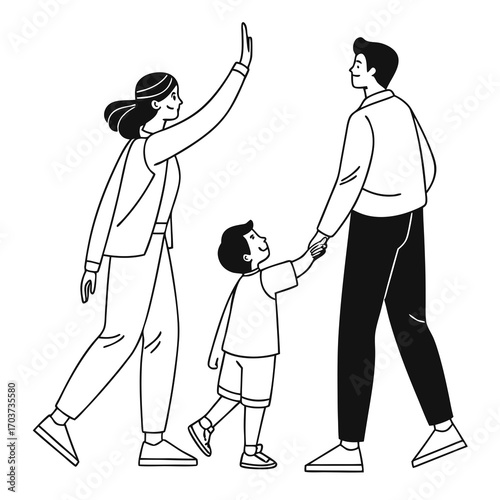 Simple line art illustration of a loving family moment, with a father and son sharing a high five as the mother watches happily