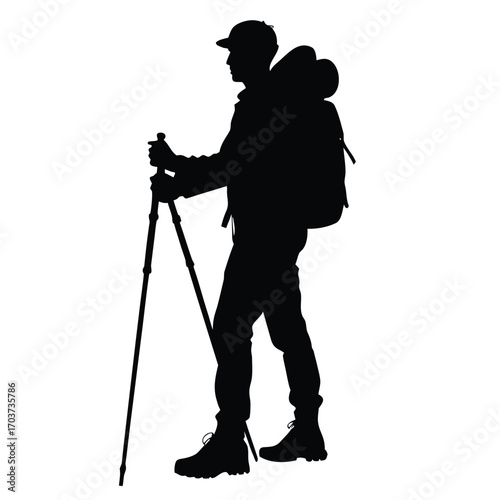 Hiker Silhouette with Backpack and Trekking Poles Against White Background Isolated