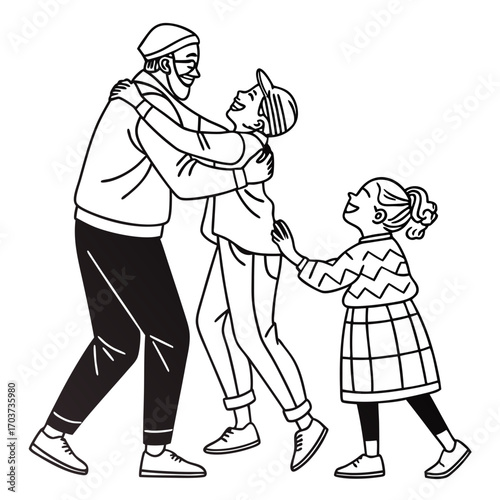Joyful Family Embrace A Line Art Illustration of Grandparent and Grandchildren