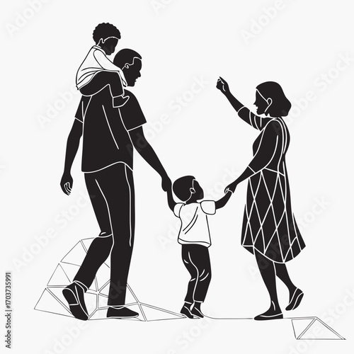 Mother and child holding hands while observing a large modern art installation of intersecting circles, a symbol of connection and relationships