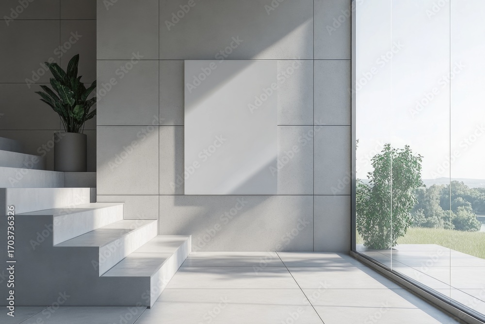 Fototapeta premium Modern interior with stairs and view of nature