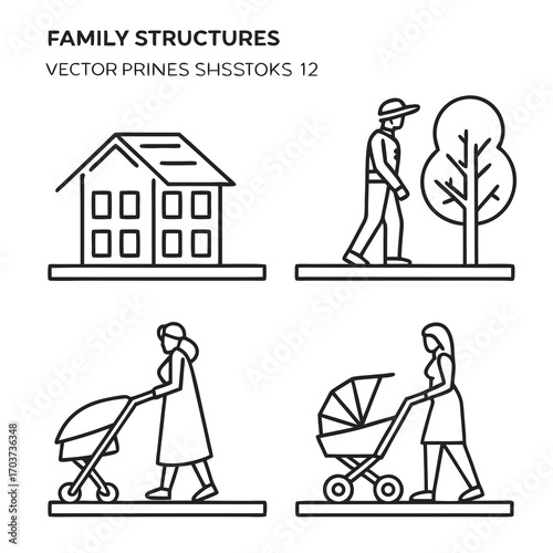 Stylized linear illustrations depicting women with baby strollers and carrying infants, symbolizing care and motherhood