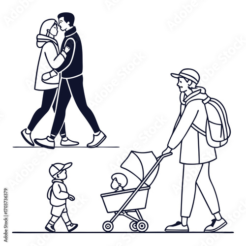 A black and white line art illustration of a family dynamic showing a mother with two daughters and a separate father figure