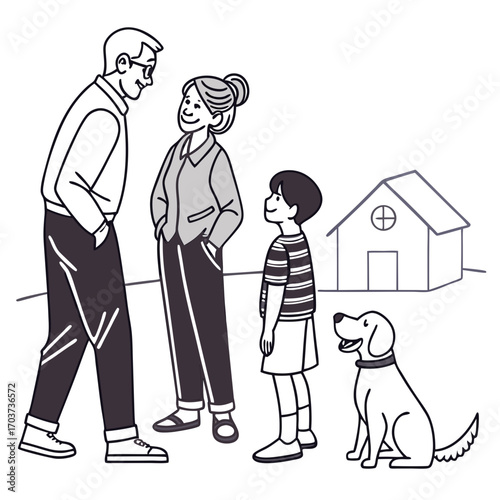 Family and Dog Outside Home A Black and White Line Art Illustration