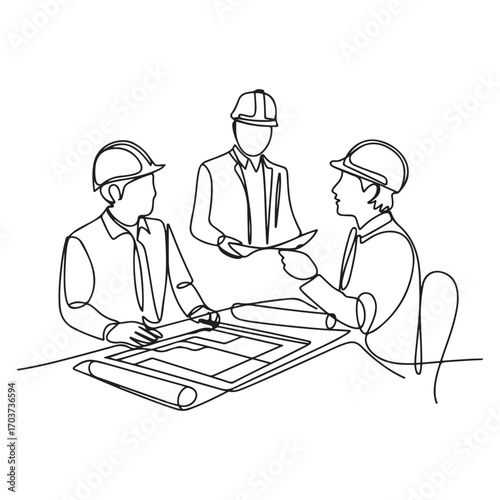 One continuous line Art drawing of young architects discussing construction design blueprint at office meeting. with white background