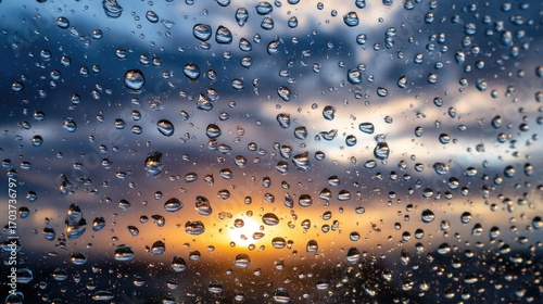 Close-Up of Raindrops on Window Glass During Beautiful Sunset with Dramatic Clouds in Background