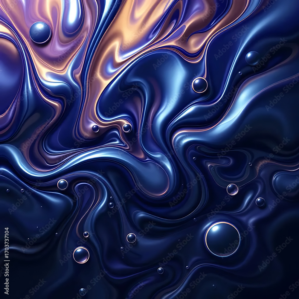 Obraz premium Abstract Liquid Swirl Background: Dark Blue, Metallic, and Gold Tones with Floating Spheres.